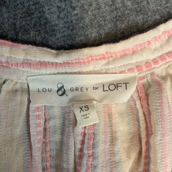 Lou & Grey Shirt XS Embroidered Stripes Faux Wrap Surplice Tassels Boho - Picture 5 of 9